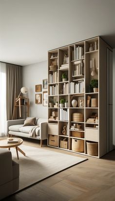 a living room filled with lots of furniture and bookshelves next to a window