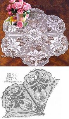 an image of a table with flowers on it and the same doily as shown