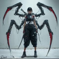 a woman standing in front of a giant spider like object with arms and legs attached to it