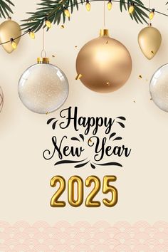 a happy new year card with ornaments hanging from a branch and the words, happy new year 205