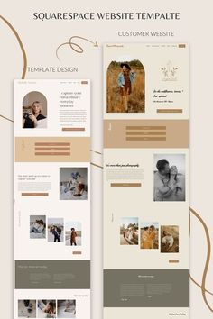 two page layouts for a website with photos and text on the bottom right side