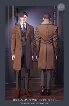 two mannequins dressed in coats and ties, standing next to each other