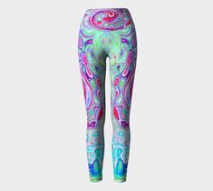 Yoga Leggings, Groovy Abstract Retro Pink and Green Swirl #yoga #leggings #fitnessclothes #myrubiogarden #printondemand #made to order  #originaldesign #groovy #retrofashion #bohostyle Pink And Green Graphic Leggings, Custom Beach Bags, Clothing Subscription, Leggings For Women, Art Clothes, Leggings Fashion, Womens Fashion Trends, Printed Leggings, Outfits With Leggings