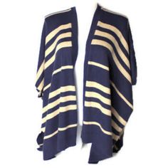 Gap Khaki & Navy Blue Striped Open Style Poncho Sweater With Open Half Sleeves. Ribbed Trim Throughout. Super Soft Wool Blend. Color: Navy Blue And Khaki Material: 59% Nylon 20% Cotton 18% Wool 3% Camel Hair Size: Women's One Size Approximate Measurements: Pit To Pit: 39.5" Waist 38.75" Length Top To Bottom 28.5" New With Tags Striped Sweater For Fall Beach Outings, Fall Striped Beach Sweater, Striped Sweater For Beach In Fall, Gap Cotton Winter Cardigan, Gap Cotton Cardigan For Winter, Gap Outerwear For Fall Layering, Gap Beige Long Sleeve Outerwear, Gap Beige Outerwear For Fall, Beige Gap Outerwear For Fall