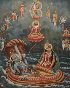 Brahma arises from the naval of Vishnu. Brahma, the creator of the universe, created by Vishnu and rarely worshiped today Vedic Culture, Powerful Goddess, साईं बाबा, Arte Yoga, Vishnu Wallpapers, Lord Rama Images, Aadi Shakti