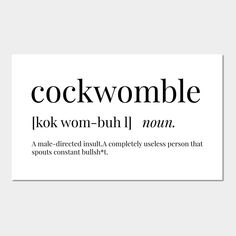 the words cockwomble are in black and white