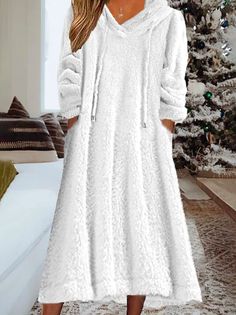 Loose Fluff/Granular Fleece Fabric Hoodie Casual Dress | justfashionnow Vacation Winter, Womens Winter Dresses, Autumn Fabric, Elegante Y Chic, 2022 Trends, Hooded Dress, Fall Dress, Winter Dress, Long Sleeves Coats