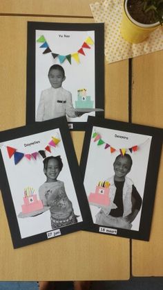 three pictures of two children with birthday candles on them