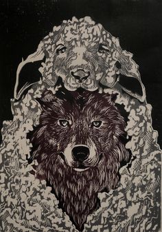 an image of two wolfs on a black and white background