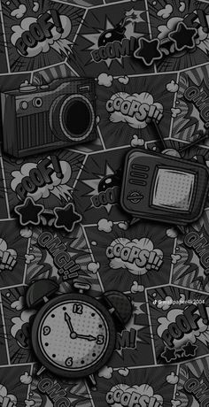 a black and white photo with an analog clock on it's side, surrounded by comic characters