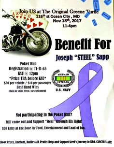 a poster with a purple ribbon on it and a motorcycle in the background that says benefit for joseph steel's sapp