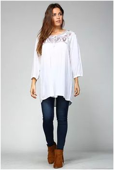 White Boho Tunic Top with Embroidery | Tunic-Shirt | White | Embroidered, XL-Plus, Misses Rayon Tunic For Spring, Bohemian Half Sleeve Relaxed Fit Blouse, Bohemian Peasant Top With 3/4 Sleeves For Summer, White Casual Peasant Top With 3/4 Sleeves, Casual White Peasant Top With 3/4 Sleeve, Casual Flowy Rayon Tunic, Casual White 3/4 Sleeve Peasant Top, Spring Rayon Blouse With 3/4 Sleeves, Bohemian Flowy Tops With 3/4 Sleeves