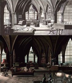 an old and new photo of a living room