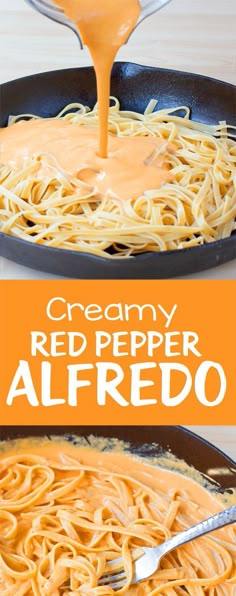 creamy red pepper alfredo in a skillet being poured over the noodles with a spoon