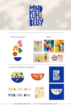 the logo design for mindful belly is shown in blue, yellow and orange colors