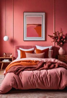 a bedroom with pink walls and orange bedding in the center, an art piece on the wall