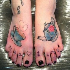 two feet with tattoos on them that say tea time and coffee cups in the shape of hearts