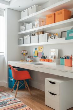 a white desk topped with lots of drawers next to a wall mounted shelf filled with office supplies