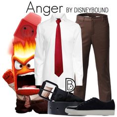 a man in white shirt and red tie next to brown pants with angry birds on them