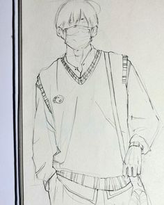 a drawing of a man wearing a face mask and holding his hands in his pockets