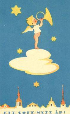 an old fashioned poster shows a little angel with a trumpet on top of a cloud