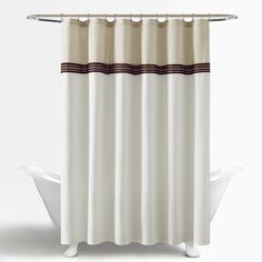 a white shower curtain with brown trim on the bottom and side lines in front of it