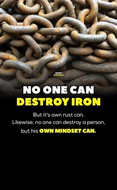 there is a large pile of chains with the words destroy iron on it's side