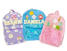 Our backpacks are available in a variety of colors and patterns and can be adorned with a name, word or initials. Customize with a variety of unique patches to express your child's interests. Price includes the name patches (up to 7 letters) and 3 decorative patches. Specify the color and patch choices as well as any additional instructions including placement below. Please allow 7 days for production time and 3-5 business days for shipping. Thank you for supporting our small business! *Hand wash or spot clean only *Seller is not responsible for failure to follow care instructions School Backpack With Embroidered Patch, School Bag With Letter Patch For Back To School, School Bags With Letter Patch For Back To School, Back To School Bags With Letter Patch, Chenille Patch, Custom Backpack, Personalized Backpack, Name Patches, Backpack Purse