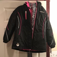 Zeroxposur Size L (14) Brand New With Tags 3 In 1 Snow Jacket-Black White And Pink-Interior Is Zebra Print. Never Worn Casual Black Skiing Outerwear, Black Skiing Outerwear With Pockets, Insulated Black Sports Outerwear, Black Long Sleeve Outerwear For Skiing, Pink Interior, Snow Jacket, Kids Jacket, Zebra Print, Checks