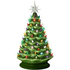 a green christmas tree with lights on it and a star hanging from the top, in front of a white background