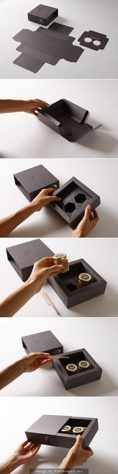 four different views of an open box with gold rings in it and two hands reaching for the lid