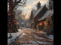 a christmas tree is lit up on the cobblestone road in front of a house