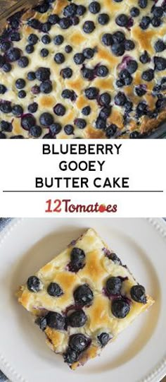 blueberry gooey butter cake on a white plate with the words, 12 tomatoes