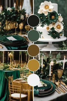 a collage of photos with green, gold and white wedding decorations on top of a table