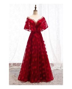 Shop long red lace flowers formal dress with cape sleeves online. All instock with free shipping. Pro since 2009. Elegant Lace Dress With Cape Sleeves, Party Dresses With Cape Sleeves For Prom Season, Red Formal Dress With Cape Sleeves, Red Lace Prom Evening Dress, Red Lace Evening Dress For Prom, Red Lace Floor-length Evening Dress, Red Cape Sleeve Dress For Evening, Red Short Sleeve Evening Gown, Red Lace Evening Dress With Sweep Train