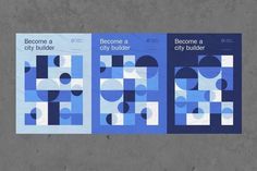 three posters with geometric shapes on them, one in blue and the other in white