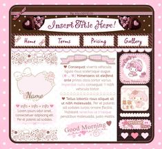 a pink and brown website page with hearts, flowers and other things on it's screen