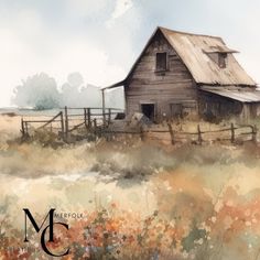 a painting of an old farm house in the middle of a field with wildflowers