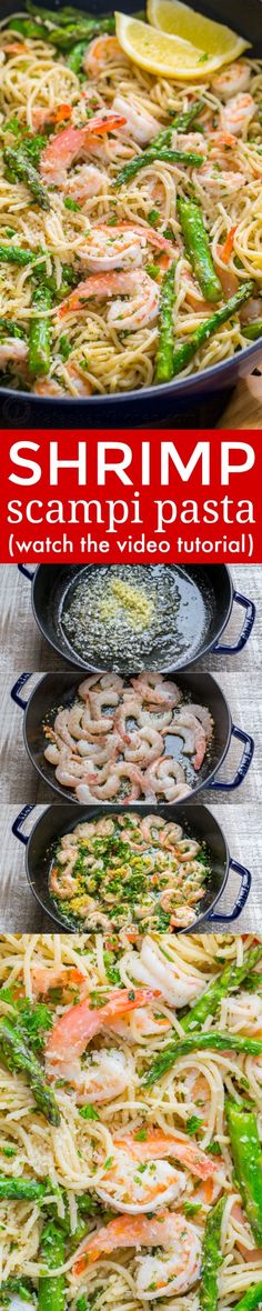 shrimp and asparagus noodle dish is shown in three different pans on a table