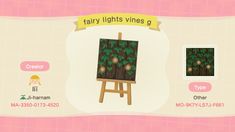 an animal crossing game screen with the text fairy lights vines g on it's left side