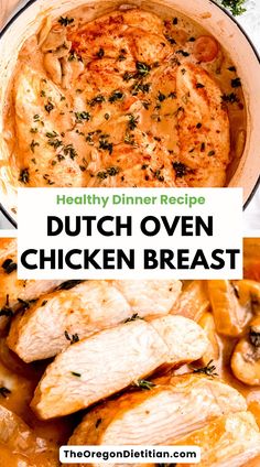 the chicken breast is cooked and ready to be eaten in the slow cooker, with text overlay that reads healthy dinner recipe dutch oven chicken breast