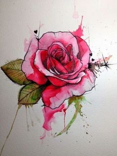 a watercolor painting of a pink rose with green leaves