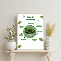 a poster on a shelf displaying the benefits of kale leaves in a bowl with instructions