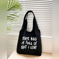 New Black This Bag Canvas Shopping Bag With Letter Print Shoulder Tote Bag 100% Polyester New With Tags Nwt Never Worn Wiso..5 Black Canvas Tote Bag, Letter Bag, Canvas Shopping Bag, Bag Canvas, Shoulder Tote Bag, Shopper Bag, Bird In Bag, Black Canvas, Black Tote Bag