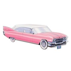 a pink and white car is shown on a white background with the word cadillac written below it