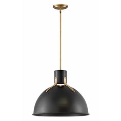 a black and gold pendant light hanging from a ceiling fixture with an oval metal shade