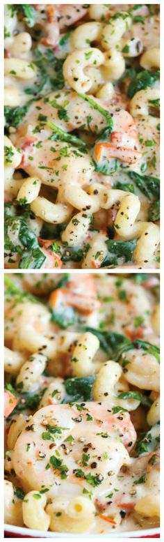 two pictures of pasta with shrimp and spinach