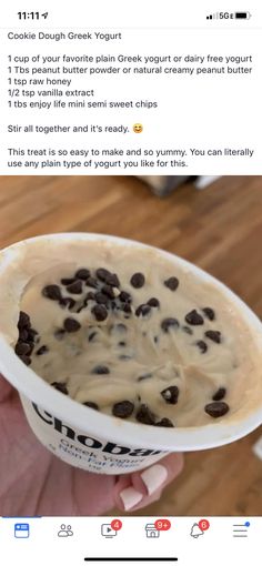 an ice cream sundae with chocolate chips on top is shown in this instagram