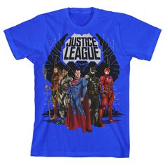 Blue Superhero T-shirt With Character Print, Blue Graphic Print Top For Fan Events, Blue Graphic Print Tops For Fan Events, Superhero T-shirt With Front Print, Superhero T-shirt For Fan Conventions, Pre-shrunk Superhero T-shirt For Fan Conventions, Superhero Pre-shrunk T-shirt For Fan Conventions, Superhero Crew Neck Top With Front Print, Blue Superhero Short Sleeve Top