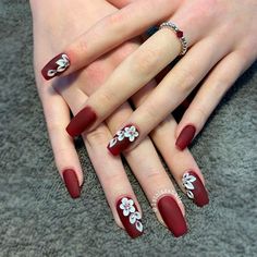 Burgundy Matte Nails With 3D Flowers ❤ 30 Burgundy Matte Nails Designs That Drop Your Jaw Off ❤ See more ideas on our blog!! #naildesignsjournal #nails #nailart #naildesigns #mattenails #burgundymattenails #burgundynails Red Nail For Wedding, Maroon Nails With Flowers, Burgundy Nails Flowers, Mehroon Nail Art Design, Red Designs Nails, Maroon Flower Nails, Maroon Nail Ideas Burgundy, Maroon Wedding Nails, Maroon Nail Designs Burgundy